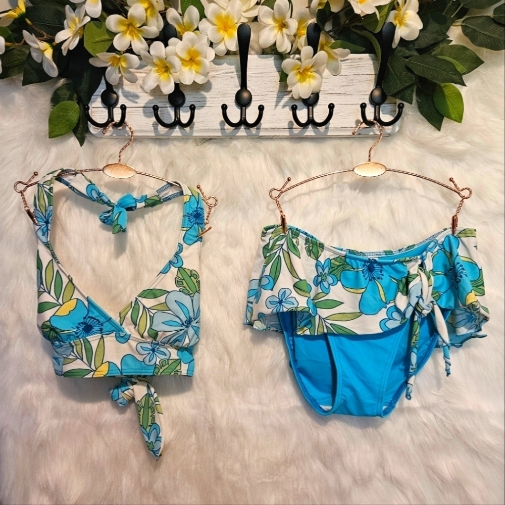 70's Boho Floral Halter and Ruffle Skirt Bottom Bikini (set)